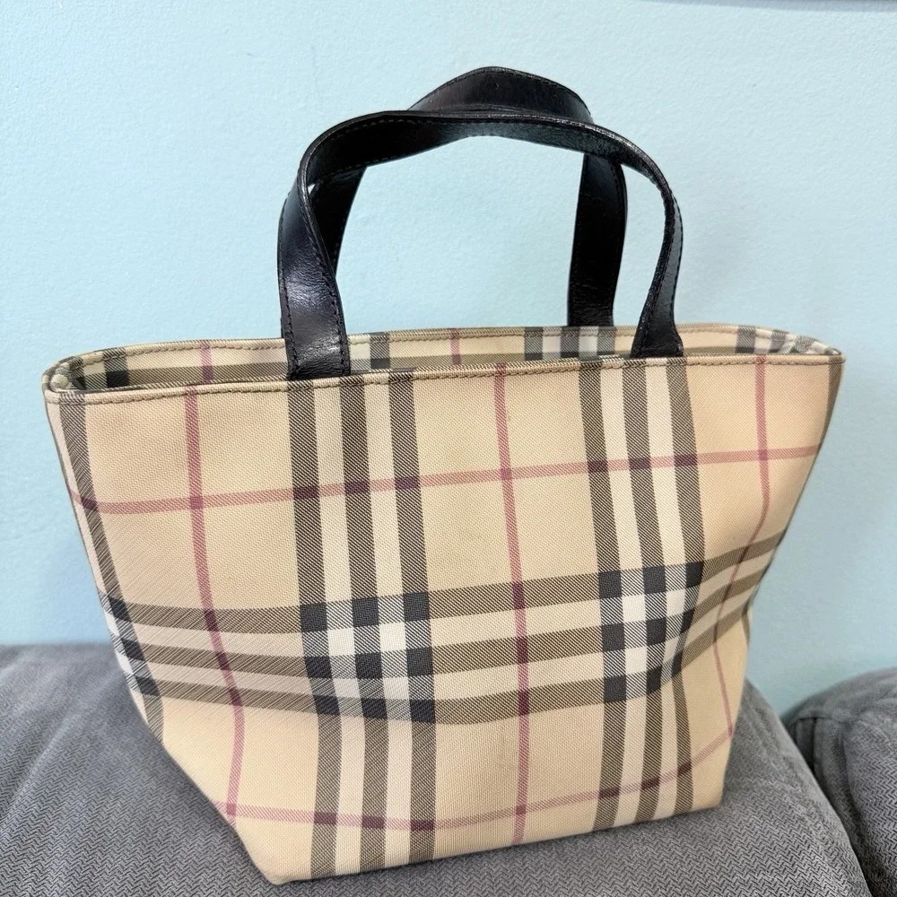 Burberry Nova Check Small Tote Bag‎ Beige Black Leather Handle Zip Italy